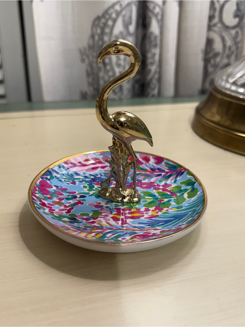 Lilly Pulitzer Gold Flamingo Jewelry Dish in Blue, Pink & Green